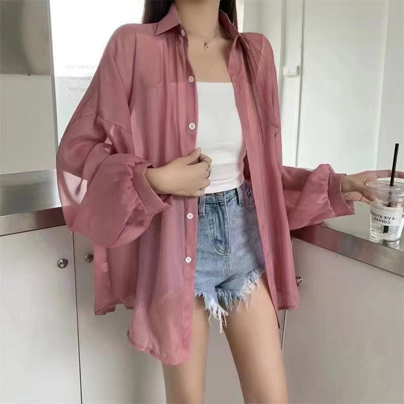 Summer Women Casual Pearlescent Shirt Long Sleeve Shirt