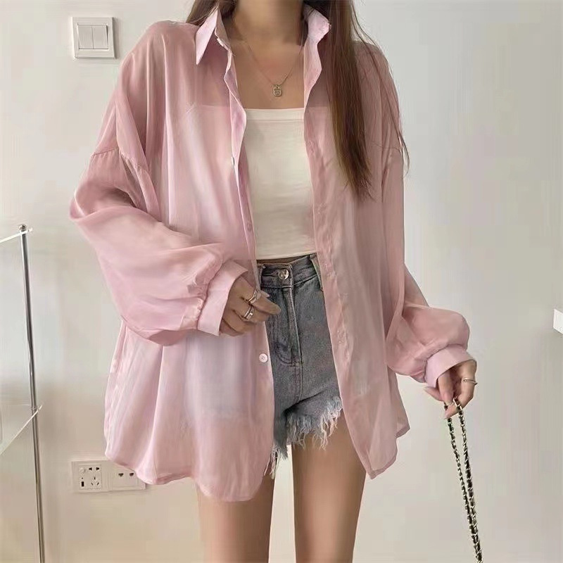 Summer Women Casual Pearlescent Shirt Long Sleeve Shirt