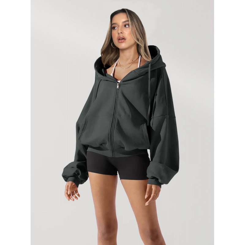 Women Casual Solid Zip-Up Hoodie