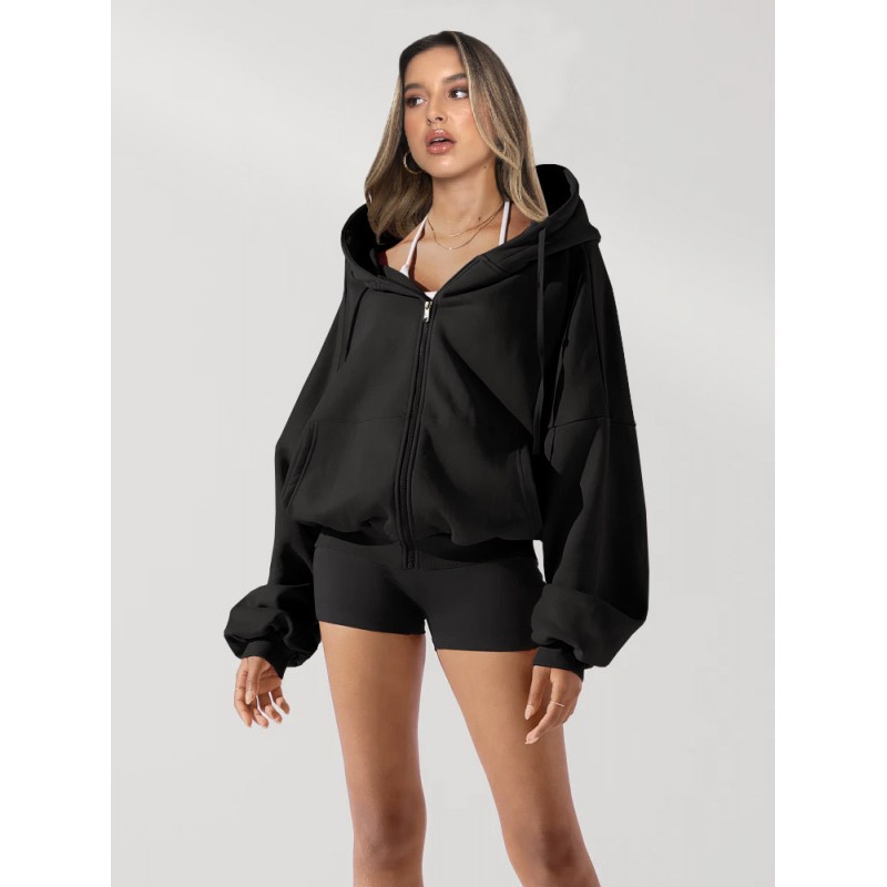 Women Casual Solid Zip-Up Hoodie