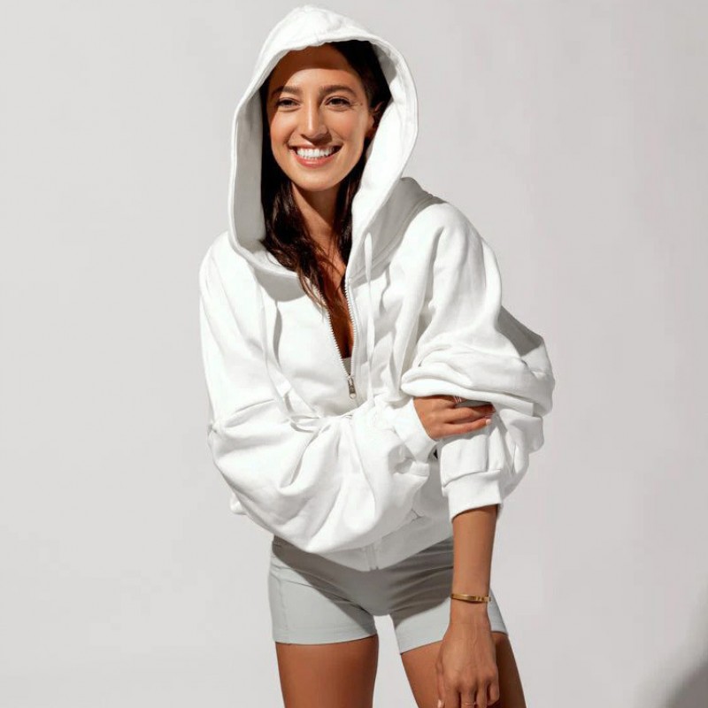 Women Casual Solid Zip-Up Hoodie