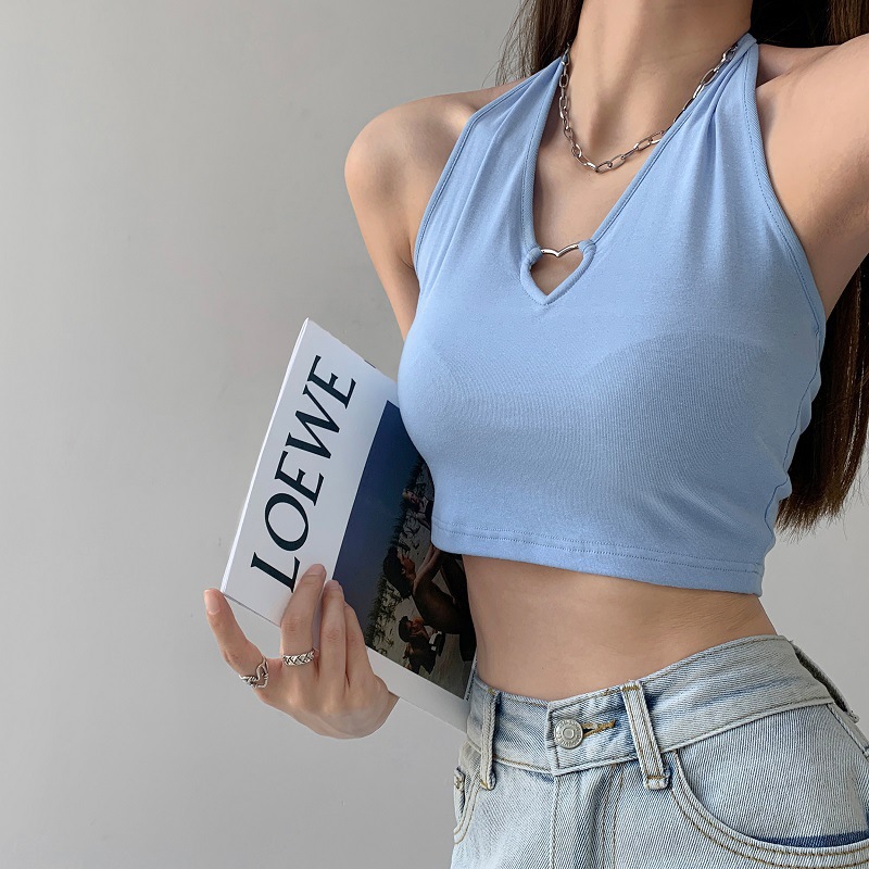 Women Fashion Solid Color Neck Cropped Top