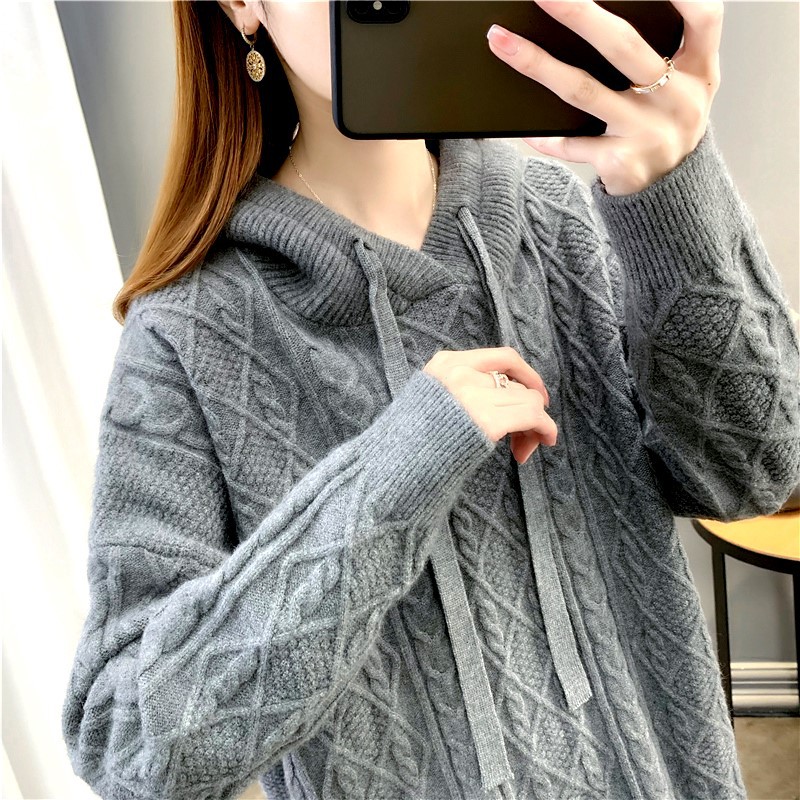 Winter Women Casual Solid Color Hooded Knit Sweater