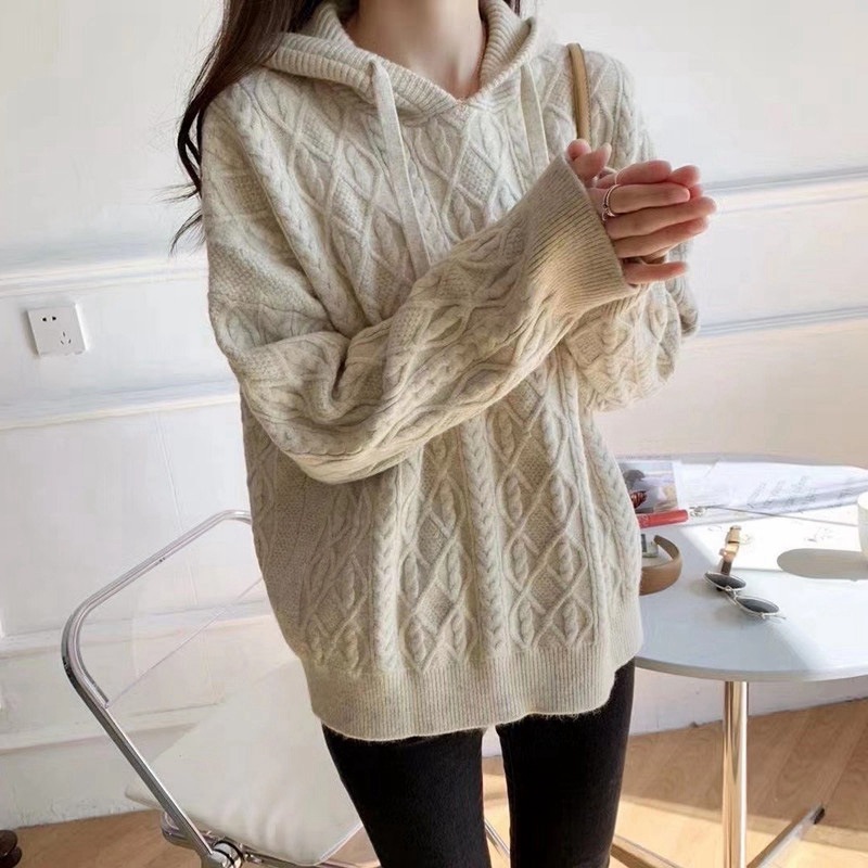 Winter Women Casual Solid Color Hooded Knit Sweater