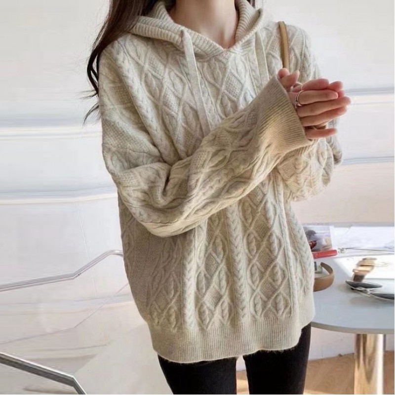 Winter Women Casual Solid Color Hooded Knit Sweate...