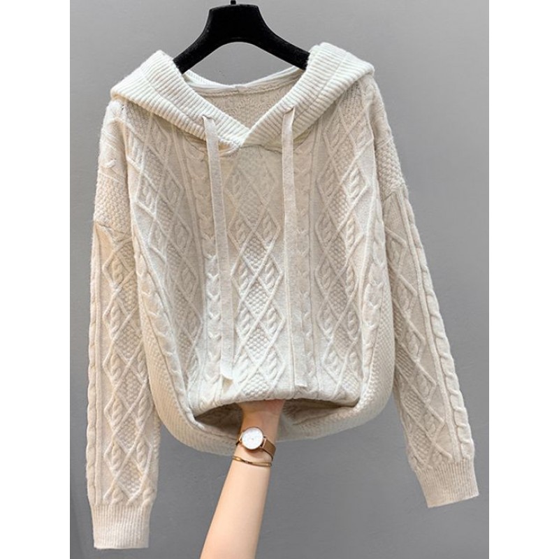 Winter Women Casual Solid Color Hooded Knit Sweater