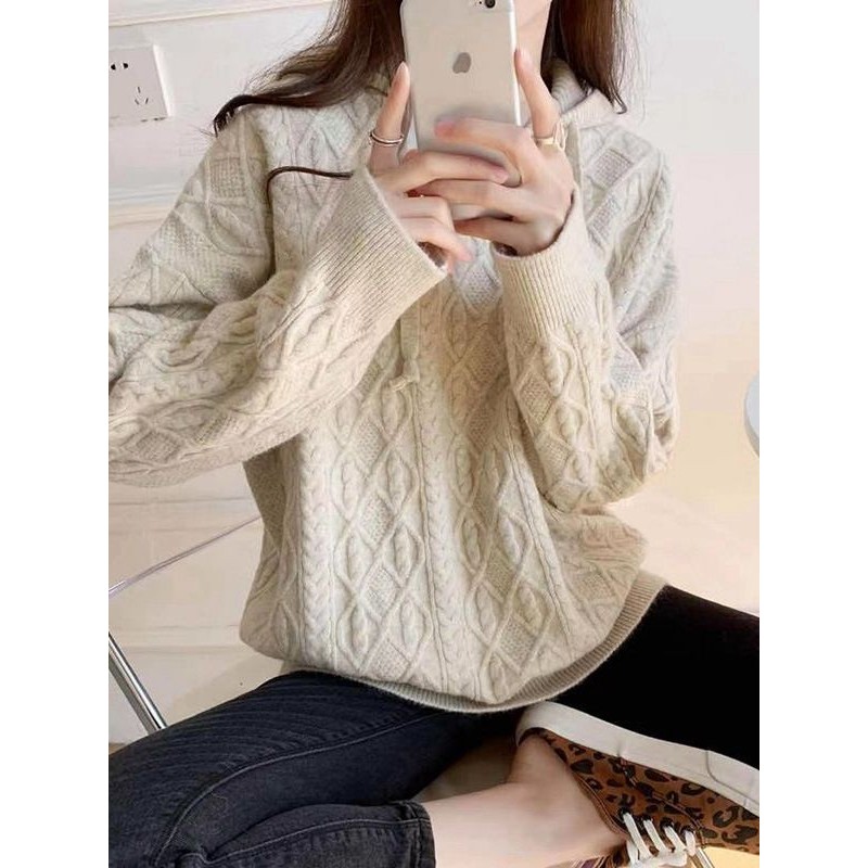 Winter Women Casual Solid Color Hooded Knit Sweater