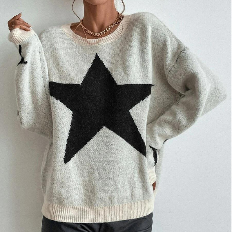 Winter Women Casual Five-Pointed Star Jacquard Knit Sweater