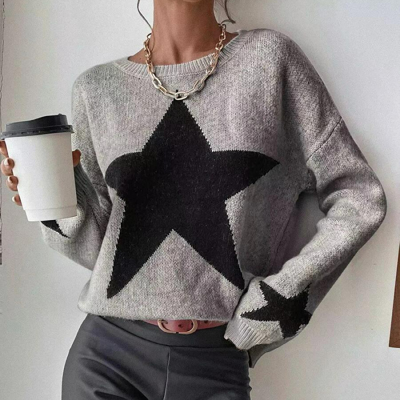 Winter Women Casual Five-Pointed Star Jacquard Knit Sweater