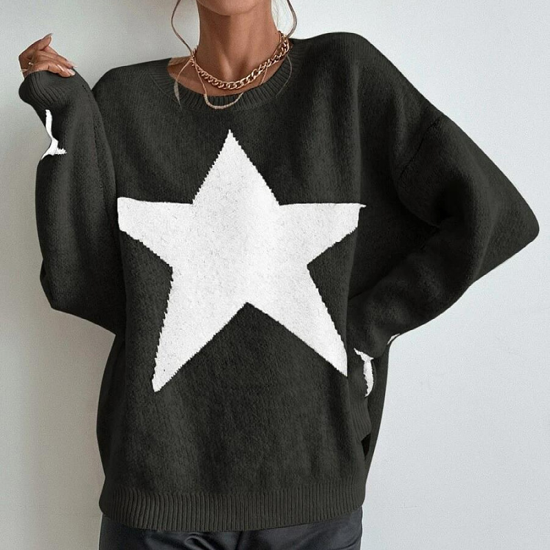 Winter Women Casual Five-Pointed Star Jacquard Knit Sweater