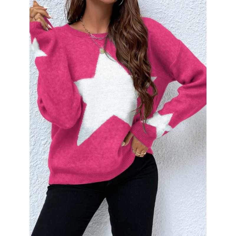 Winter Women Casual Five-Pointed Star Jacquard Knit Sweater