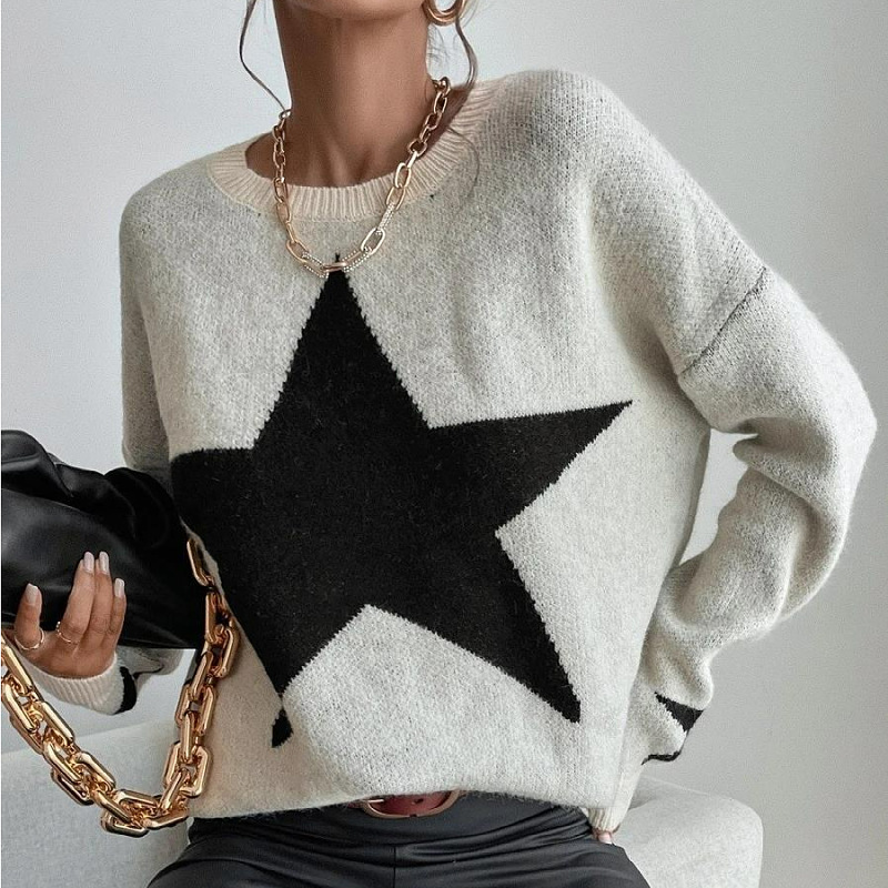 Winter Women Casual Five-Pointed Star Jacquard Knit Sweater