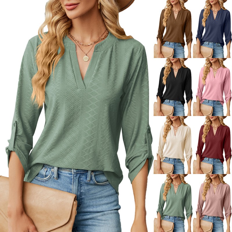 Summer Women Casual Solid Color V-Neck Shirt Top