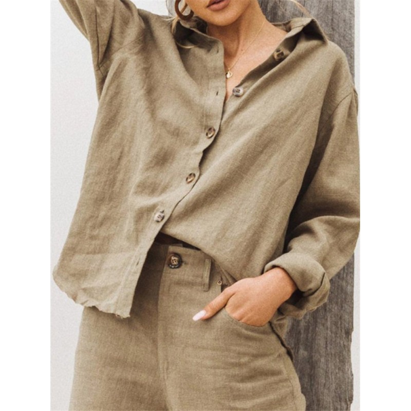 Women Fashion Solid Color Long Sleeve Cotton Linen Blouses