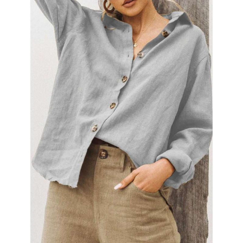 Women Fashion Solid Color Long Sleeve Cotton Linen Blouses