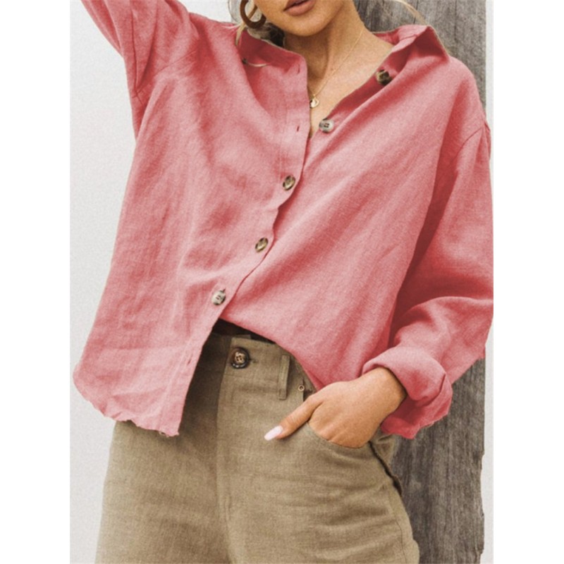 Women Fashion Solid Color Long Sleeve Cotton Linen Blouses