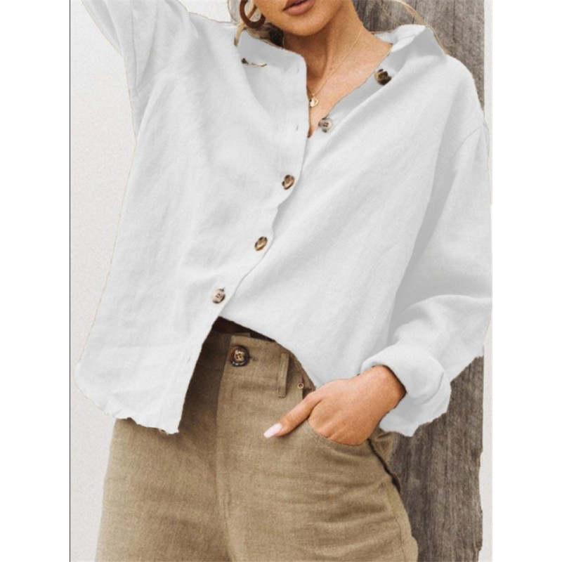 Women Fashion Solid Color Long Sleeve Cotton Linen Blouses