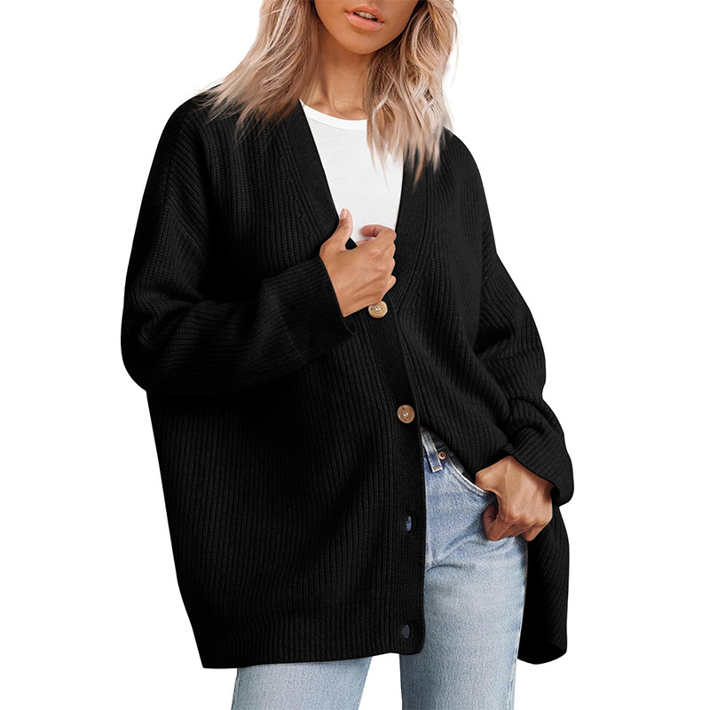 Women Simple Button V-Neck Solid Color Long Sleeve Sweater