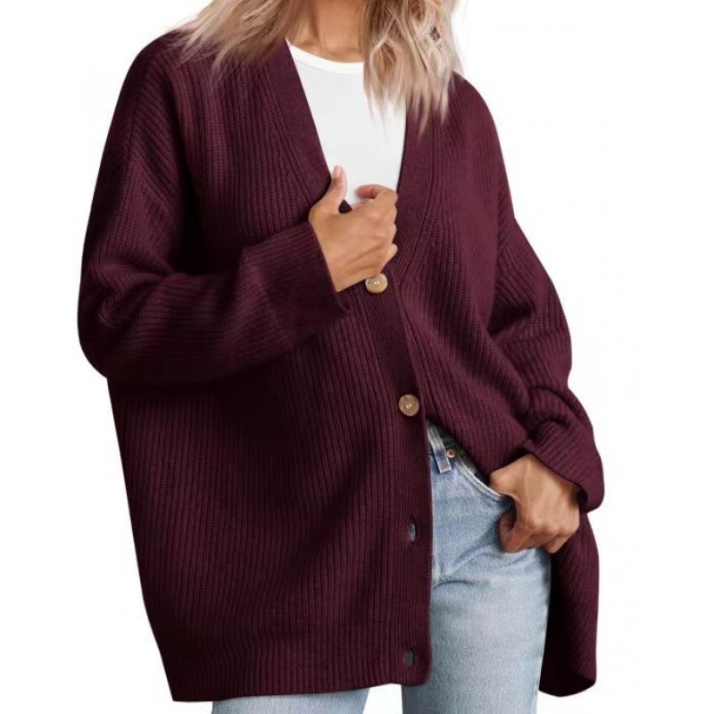 Women Simple Button V-Neck Solid Color Long Sleeve Sweater