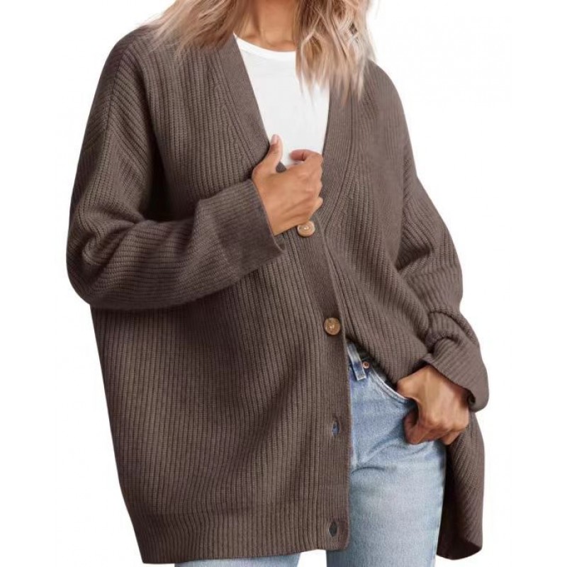 Women Simple Button V-Neck Solid Color Long Sleeve Sweater