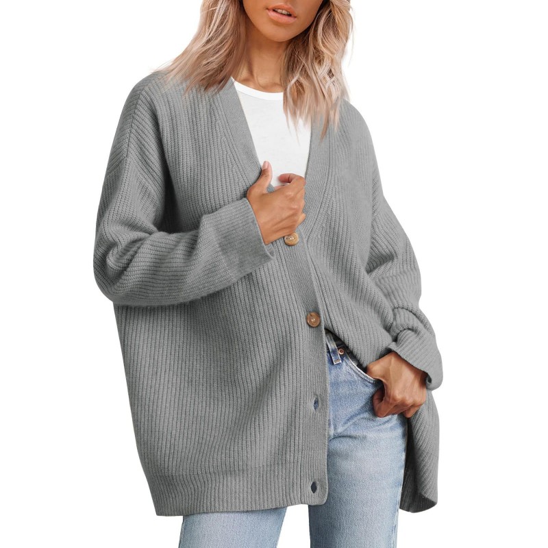 Women Simple Button V-Neck Solid Color Long Sleeve Sweater