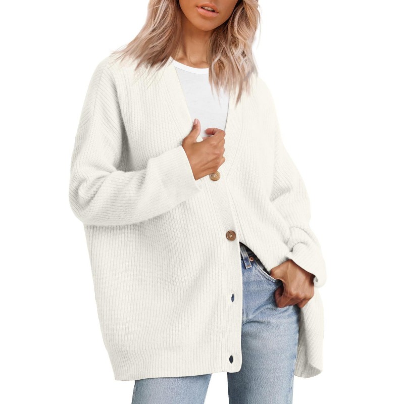 Women Simple Button V-Neck Solid Color Long Sleeve Sweater