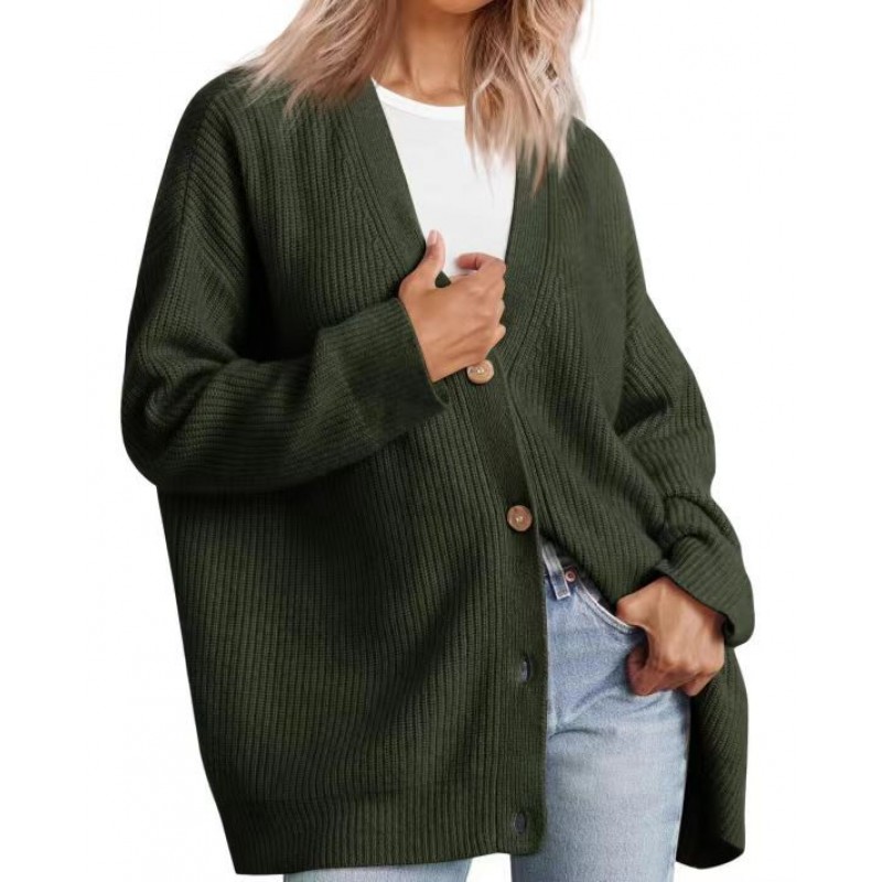 Women Simple Button V-Neck Solid Color Long Sleeve Sweater