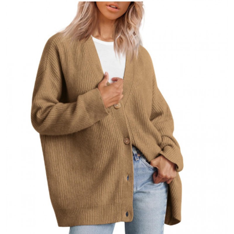 Women Simple Button V-Neck Solid Color Long Sleeve Sweater