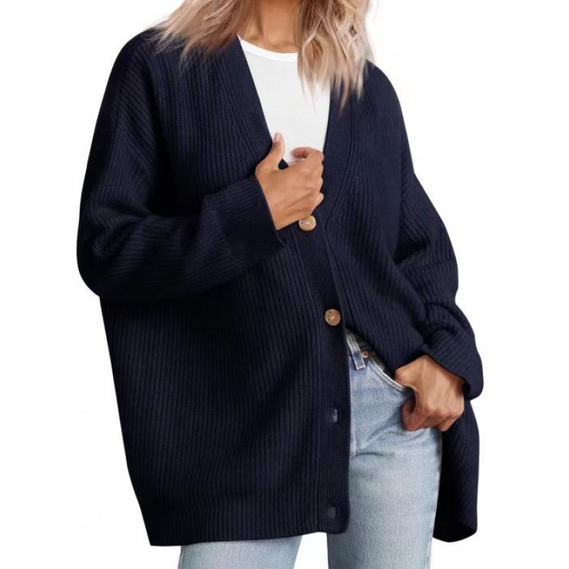 Women Simple Button V-Neck Solid Color Long Sleeve Sweater