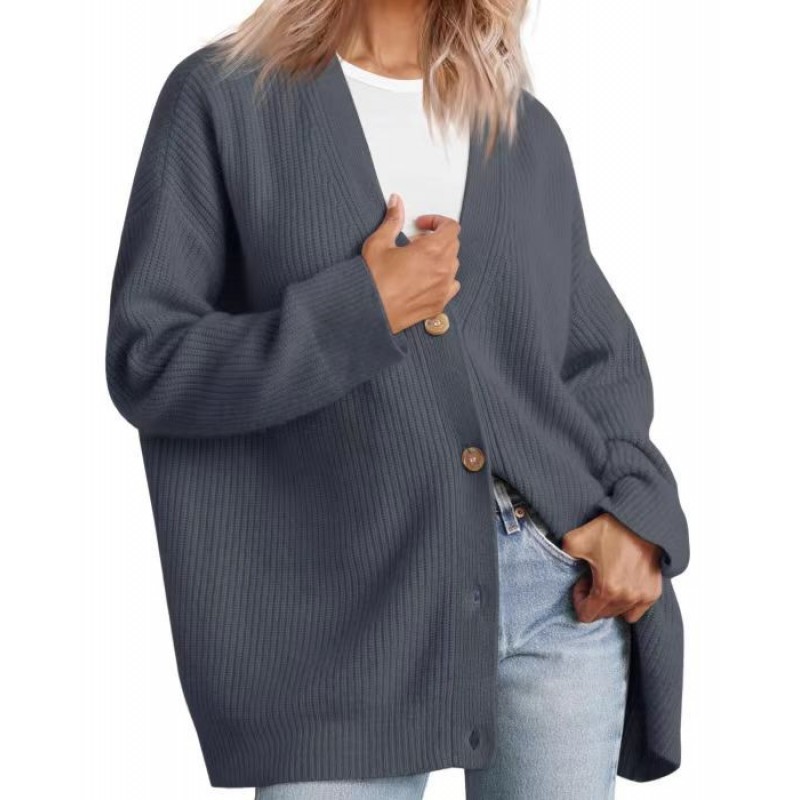 Women Simple Button V-Neck Solid Color Long Sleeve Sweater