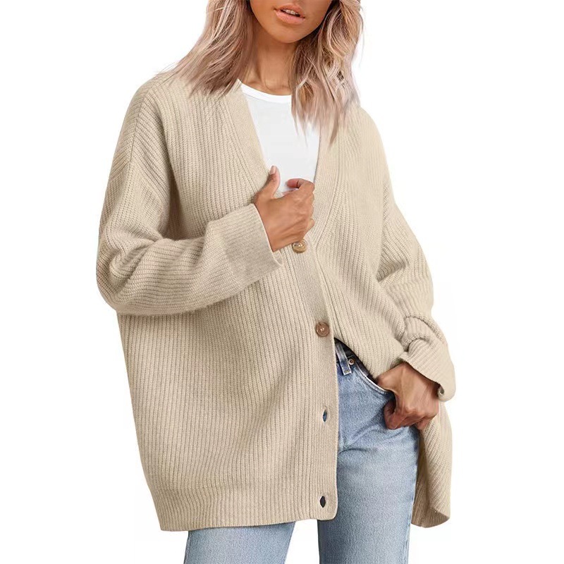 Women Simple Button V-Neck Solid Color Long Sleeve Sweater