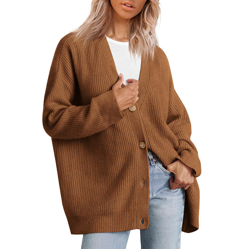 Women Simple Button V-Neck Solid Color Long Sleeve Sweater