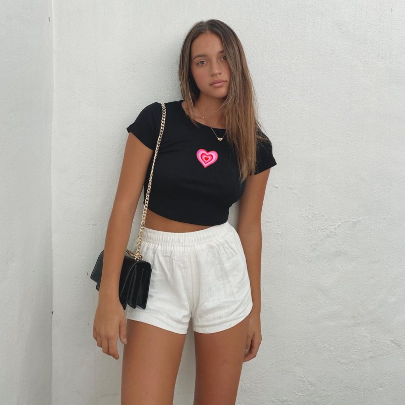 Summer Women Fashion Casual Heart Shape Print Round Neck Short Sleeve Crop T-Shirt