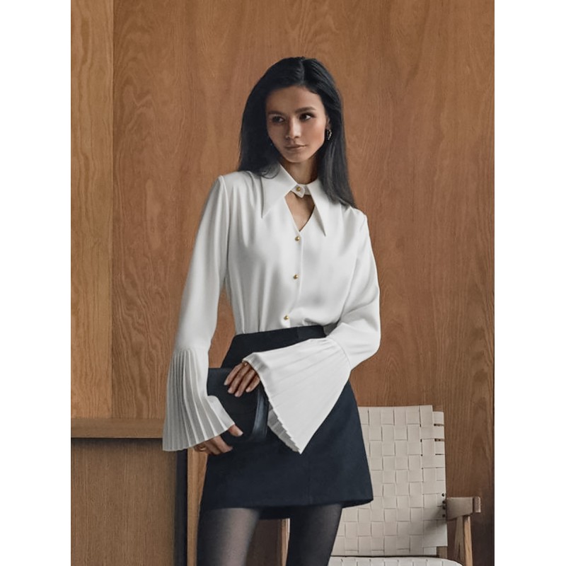 Elegant Women Office Chic Flare Sleeve Lapel Cut Out White Shirt Blouse