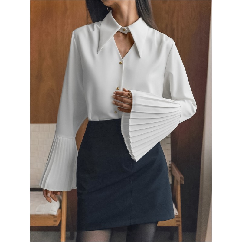 Elegant Women Office Chic Flare Sleeve Lapel Cut Out White Shirt Blouse