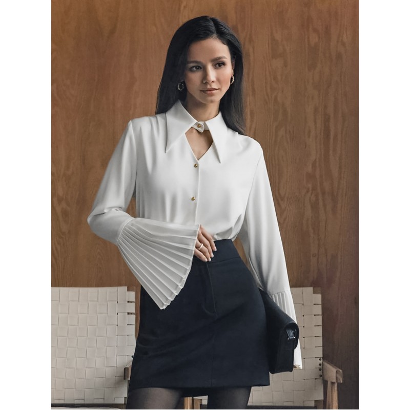 Elegant Women Office Chic Flare Sleeve Lapel Cut Out White Shirt Blouse