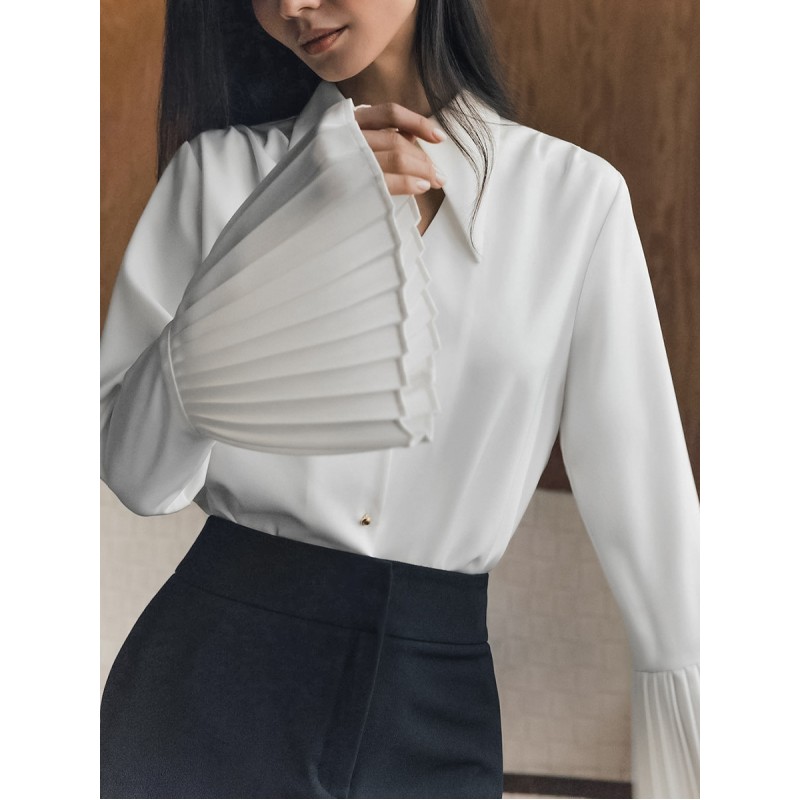 Elegant Women Office Chic Flare Sleeve Lapel Cut Out White Shirt Blouse