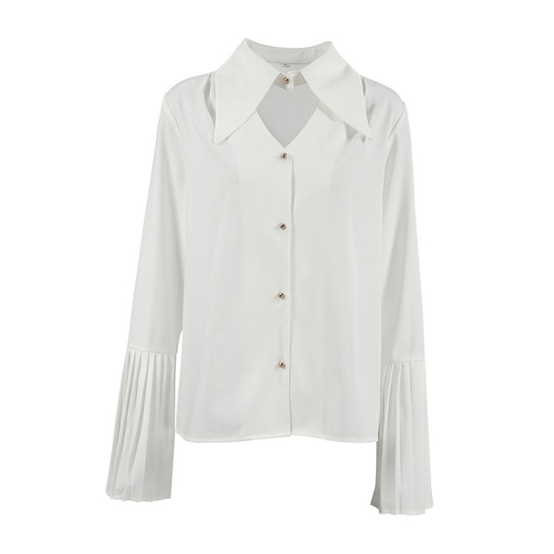 Elegant Women Office Chic Flare Sleeve Lapel Cut Out White Shirt Blouse