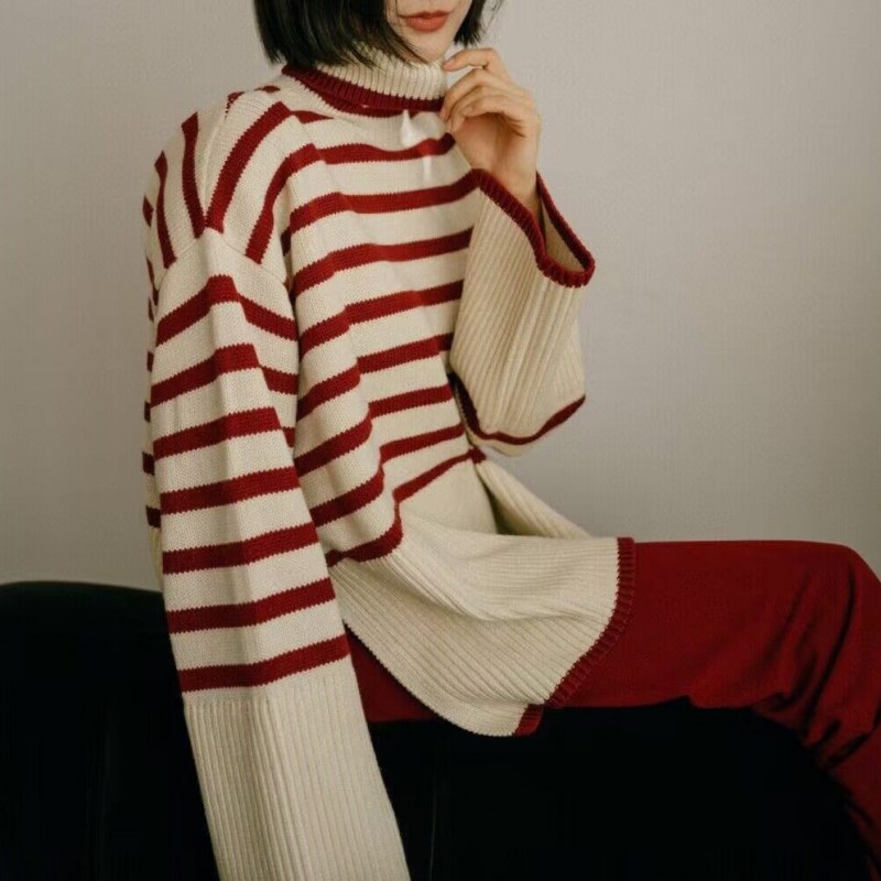 Autumn Winter Women Fashion Stripe Knitted Long Sleeve Turtleneck Sweater