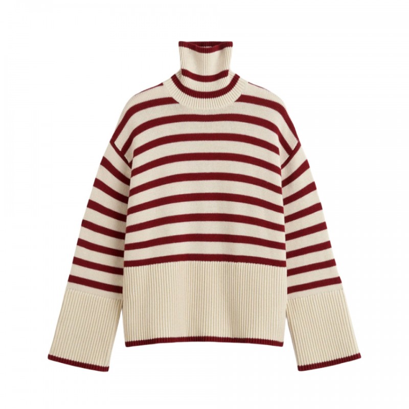 Autumn Winter Women Fashion Stripe Knitted Long Sleeve Turtleneck Sweater