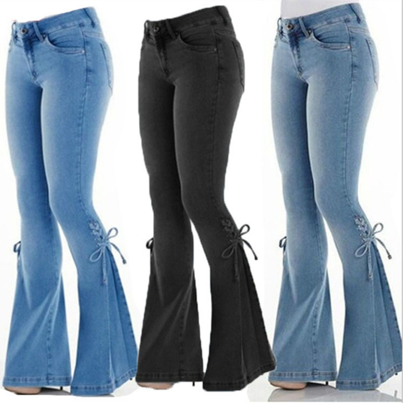 Women Fashion Creative Lace-Up Bow Flared Jeans