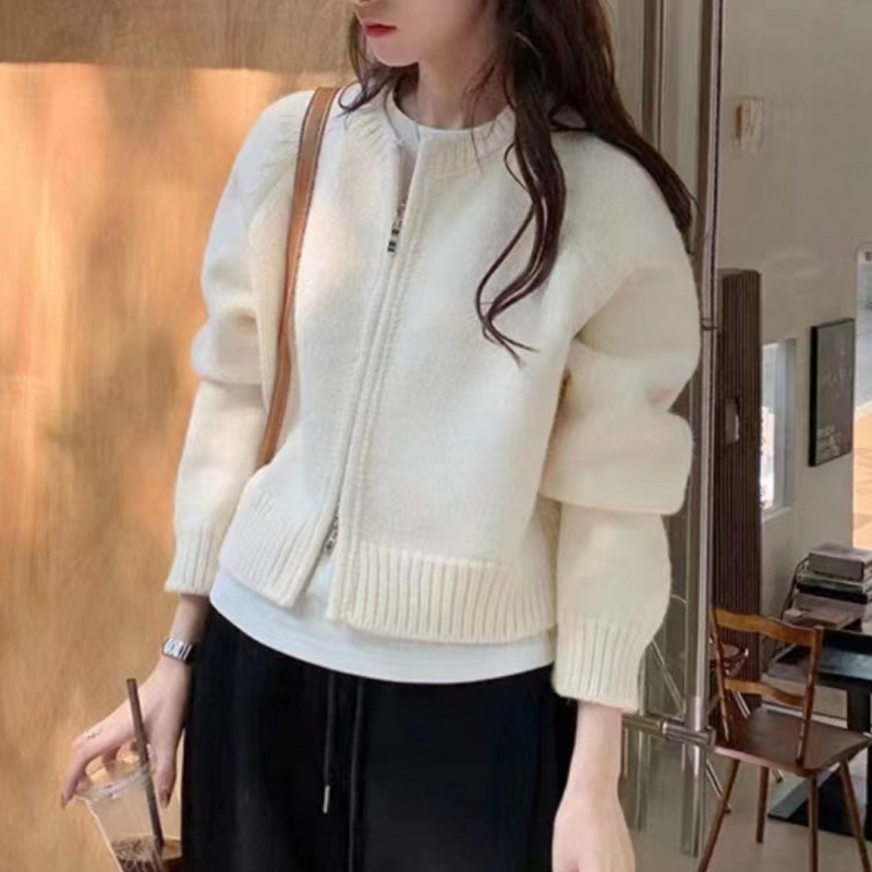 Autumn Winter Women Fashion Solid Color Knitted Zipper Long Sleeve Cardigan Jacket