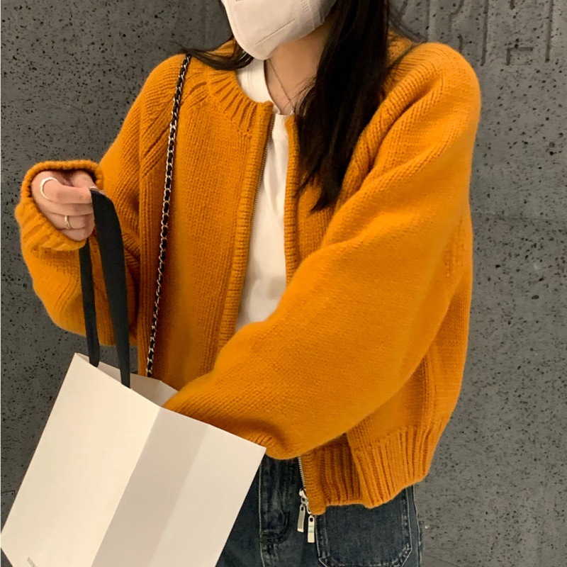 Autumn Winter Women Fashion Solid Color Knitted Zipper Long Sleeve Cardigan Jacket