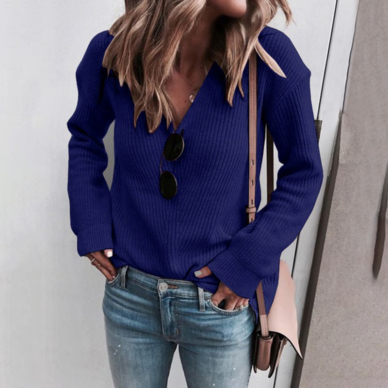 Women Fashion Solid Color V-Neck Long Sleeve Knitted Sweater