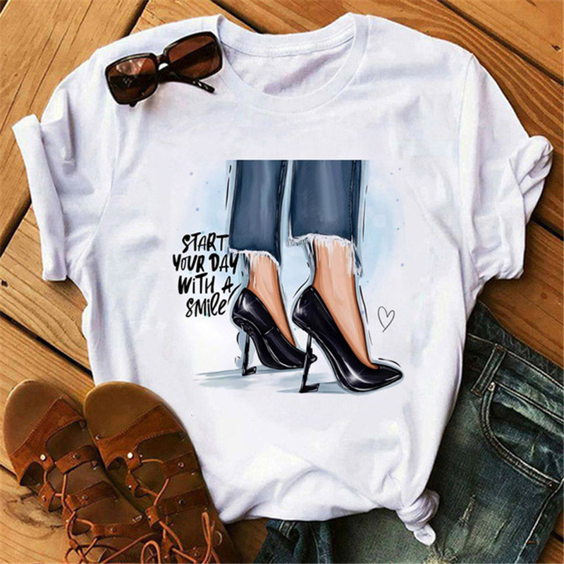 Women Fashion Cartoon High Heels Printed Round Neck Short Sleeve T-Shirt