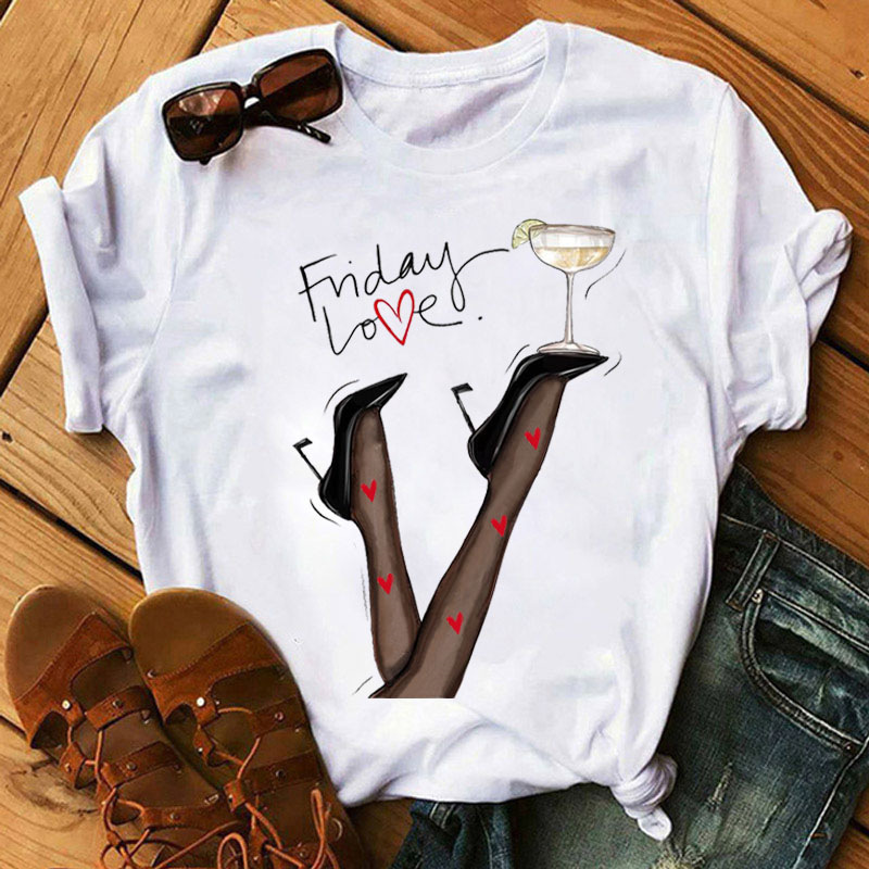 Women Fashion Cartoon High Heels Printed Round Neck Short Sleeve T-Shirt