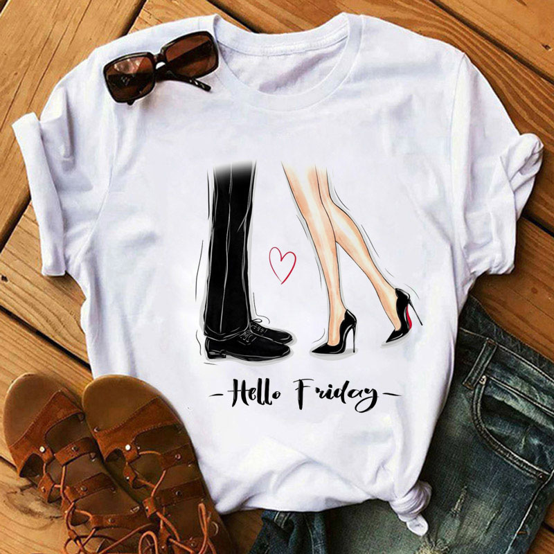 Women Fashion Cartoon High Heels Printed Round Neck Short Sleeve T-Shirt