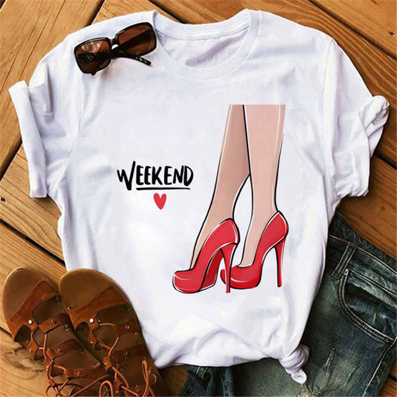 Women Fashion Cartoon High Heels Printed Round Neck Short Sleeve T-Shirt