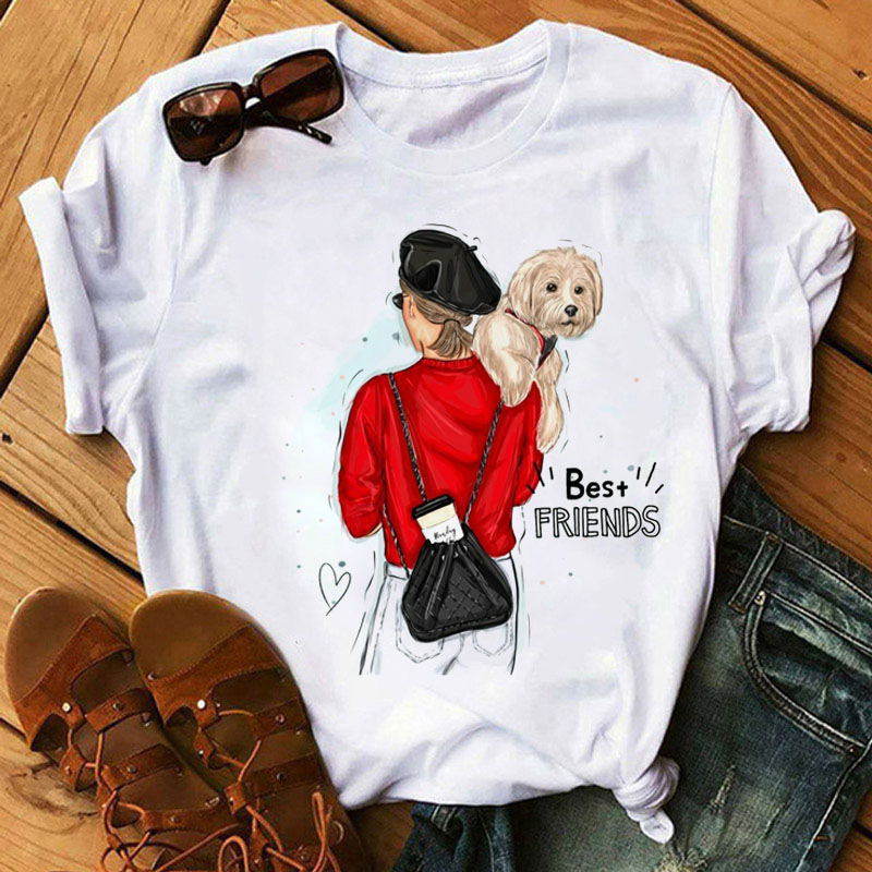 Women Fashion Cartoon High Heels Printed Round Neck Short Sleeve T-Shirt