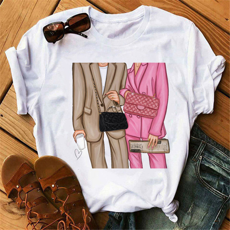 Women Fashion Cartoon High Heels Printed Round Neck Short Sleeve T-Shirt